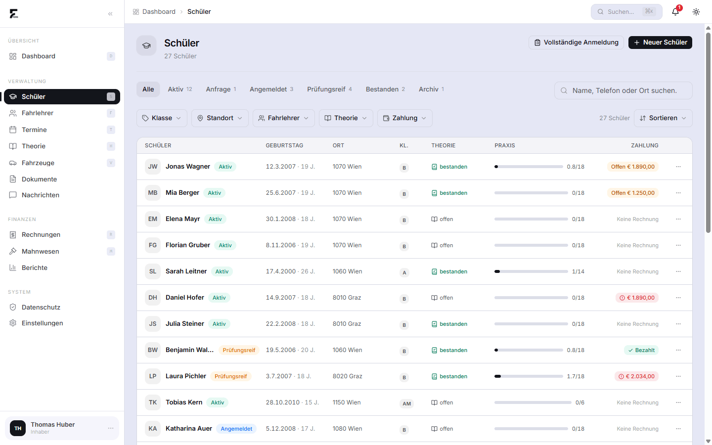Fahrschulsoftware FERB – Schülerverwaltung: Screenshot der Anwendung